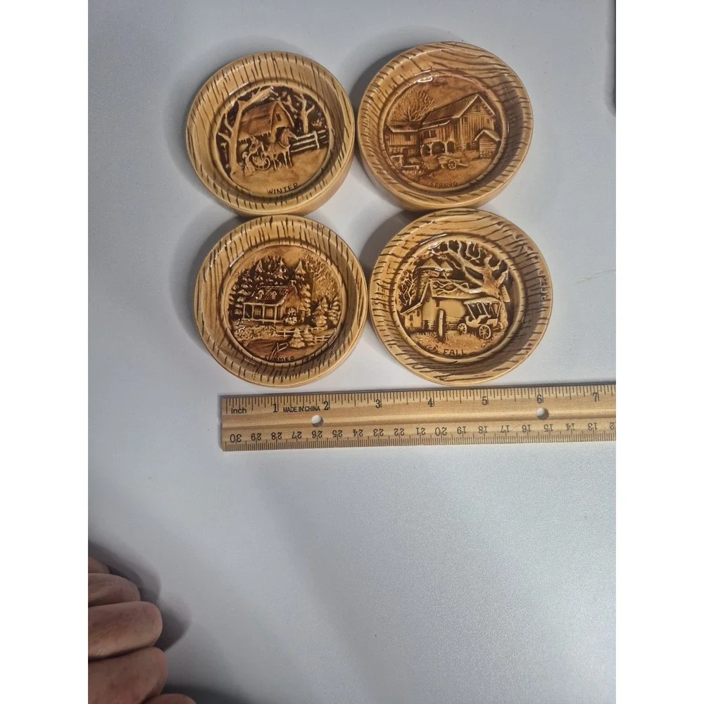 Duncan Enterprises 1982 Vintage Ceramic 4-Seasons Coasters & Holder Cottagecore